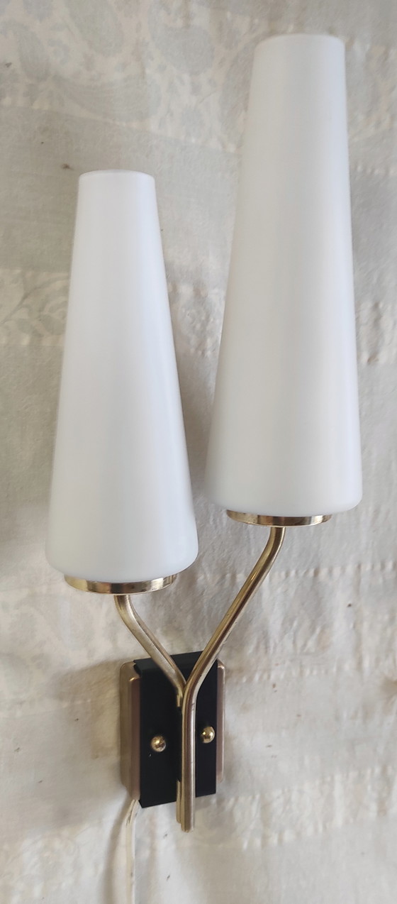 Image 1 of Asymmetrical double wall sconces in brass, metal and opaline glass - mid-20th century