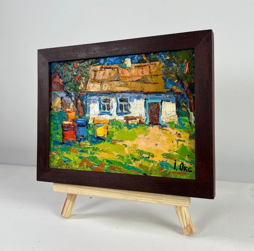 Original Oil Painting Summer Village Landscape Where childhood is on the grass