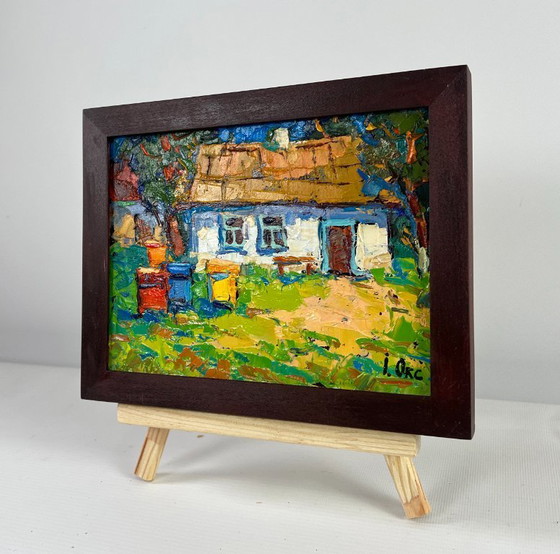 Image 1 of Original Oil Painting Summer Village Landscape Where childhood is on the grass