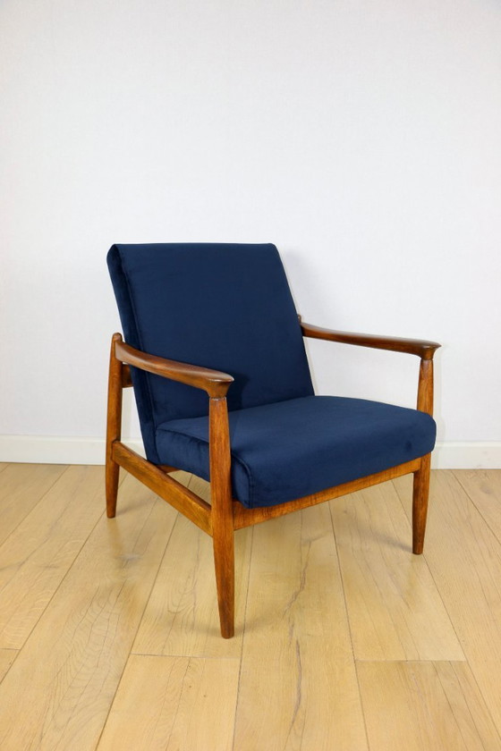 Image 1 of GFM-64 armchair, design by Edmund Homa from the 70s, navy blue - dark wood