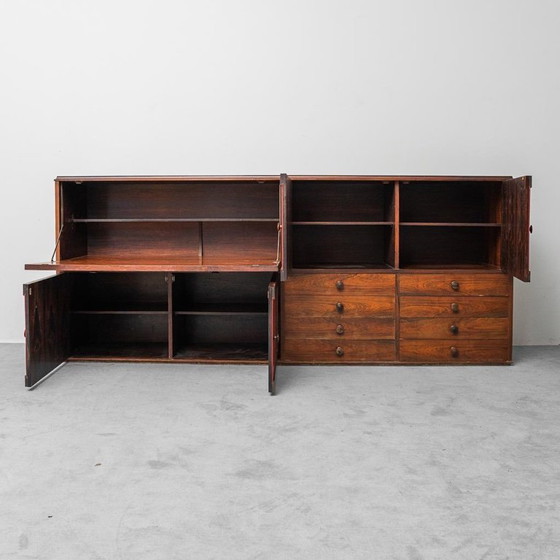Image 1 of SCANDINAVISCH DRESSOIR IN HOUT MET DONKERROOD LEDER, VINTAGE, MODERN, JAREN 60