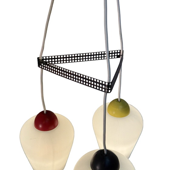 Image 1 of Vintage 50’s MCM Hanging pendant - Frosted / semi translucent white glass and multi color top - Attr. Louis Kalff / Phillips - s