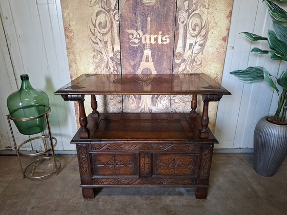 Image 1 of Antieke Victoriaanse halbank, haltafel met klep luikje , afm.90x48cm en 75cm hoog. 

Zithoogte ca 45cm 
