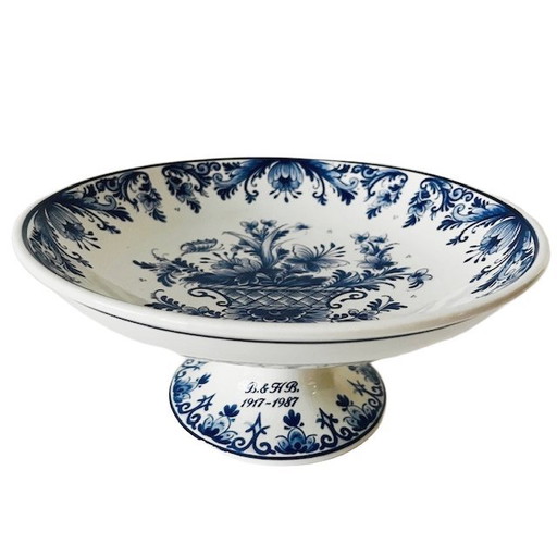 Vintage Delfter blaue Obstschale auf Fuß 't Delftse Huys 1980er Jahre