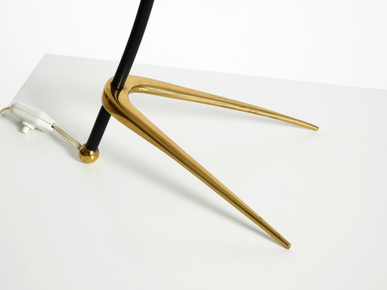 Image 1 of Beautiful, large, original Kalmar Mid-Century Modern tripod brass table lamp with a new fabric shade