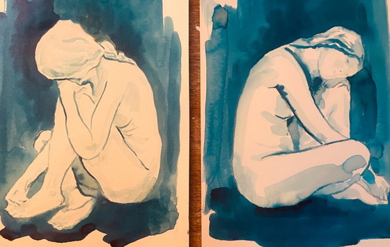 Image 1 of Set of 2 monochrome blue watercolor portraits of a woman, "blueTime"