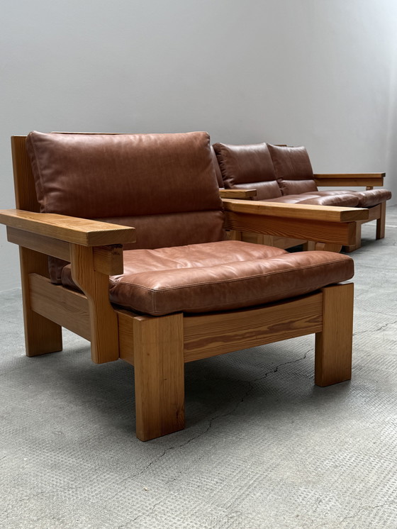 Image 1 of MODULAIRE STOEL SOFA SER PIEF HOUT MASSIEF COGNAC LEATHER IN KARIN MOBRING STIJL, SCANDINAVIA 1970
