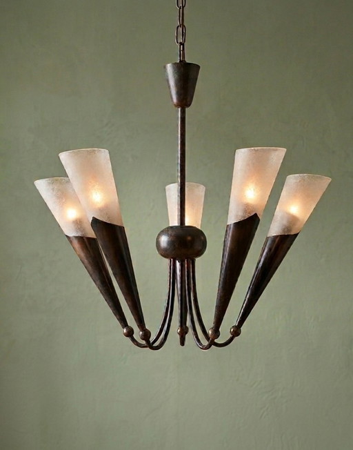 Vintage Mid-Century Brutalist Trumpet Horn Chandelier – Frosted Glass & Patinated Metal