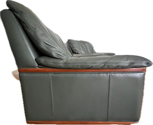 High-quality Jean Roche leather sofa + 2 armchairs – French designer furniture in green – bankstel, Wood (photo 2 of 10)