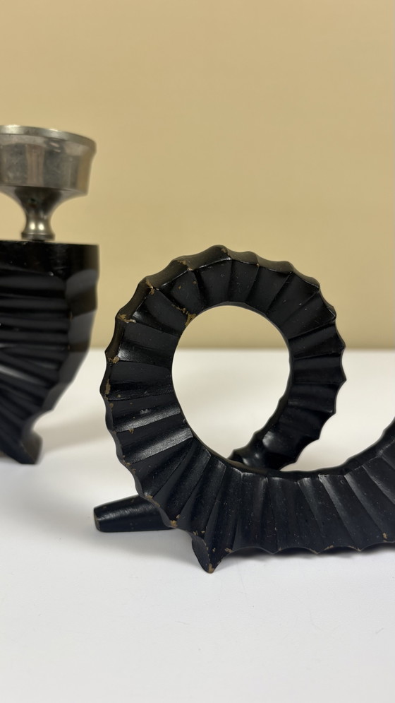 Image 1 of 2 x Vintage Chapman black chrome horn candlesticks bronze