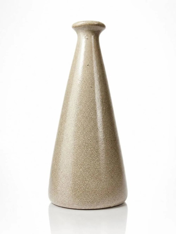 Art Deco konische Vase aus craqueliertem beigem Steingut, ca. . – Vasen, Porzellan (photo 2 of 11)