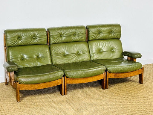 Canapé scandinave en cuir vert et chêne, 1960, Set de 3