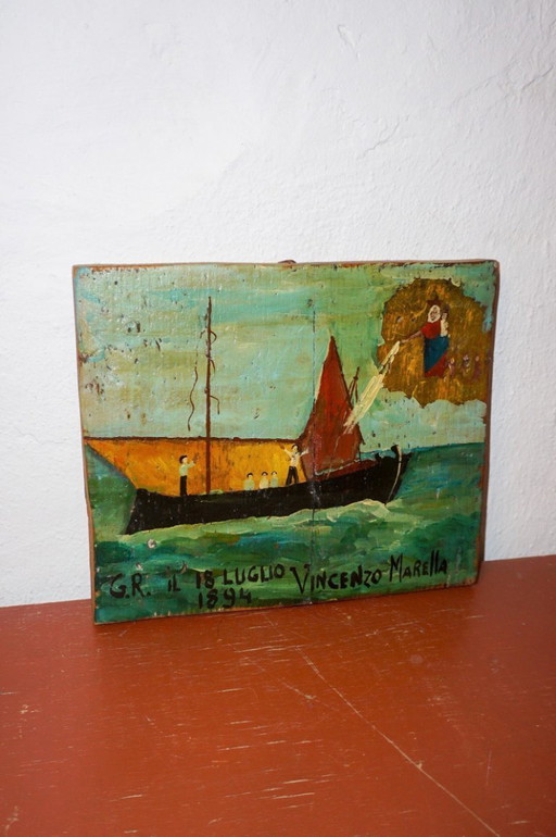 antique italian ex voto painting * 1894 folk art maritime devotional panel * naïve madonna boat scene * wood plaque