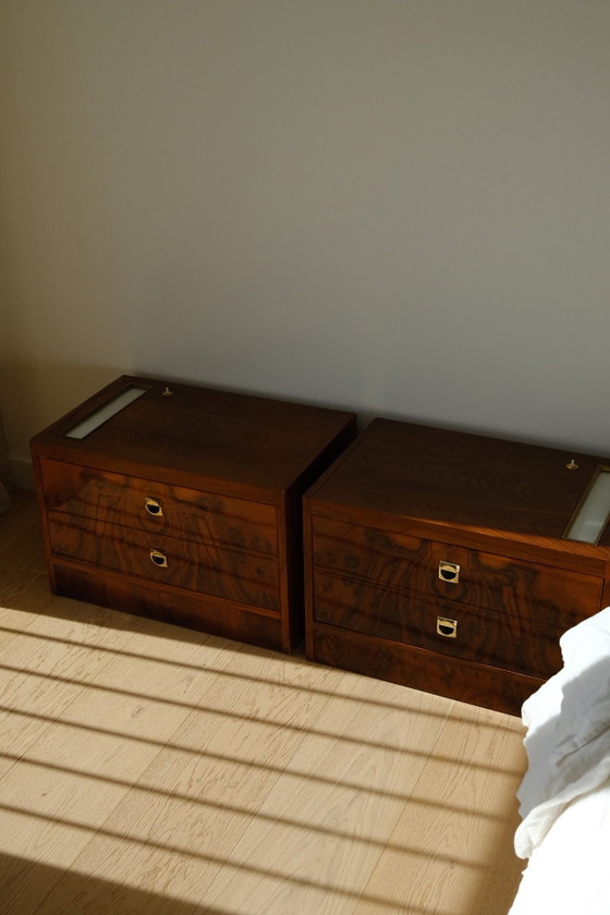 Comodini vintage in radica con due cassetti e luci integrate, Legno, Marrone (foto 5 di 11)