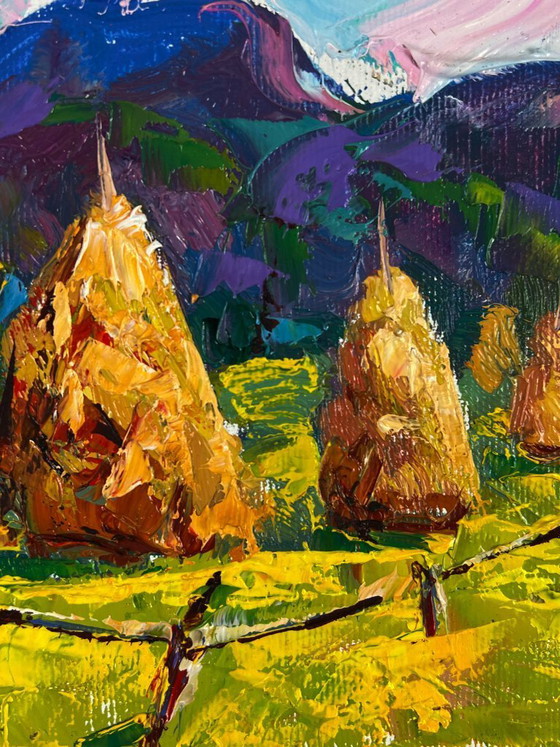 Image 1 of Original Oil Painting Nature Landscape Hills Mowed Hay in the Field