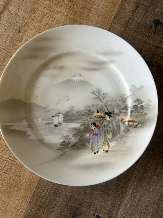 Set Vintage Giapponese Kutani Geisha Ware: 4 Piatti e Zuccheriera, Porcellana Guscio d'Uovo Mount Fuji, Anni (photo 3 of 10)