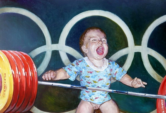 Original Oil Painting Modern Art Symbolism Humor Baby Champion – Paintings & Drawings, Canvas (photo 4 of 5)