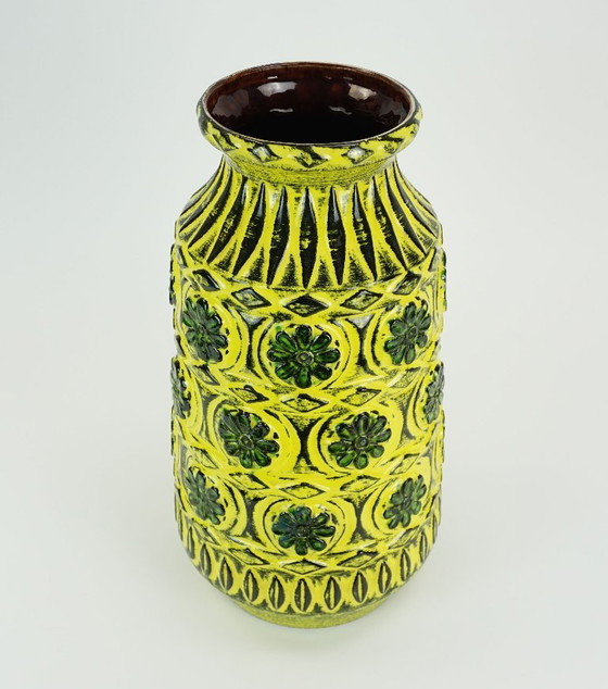 Image 1 of 1960s bay keramik VASE relief flower decor green yellow black model 76 40 WGP