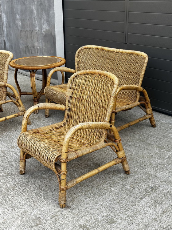 Image 1 of Vintage rotan tuinset – bank, 2 fauteuils en salontafel (jaren 70) 