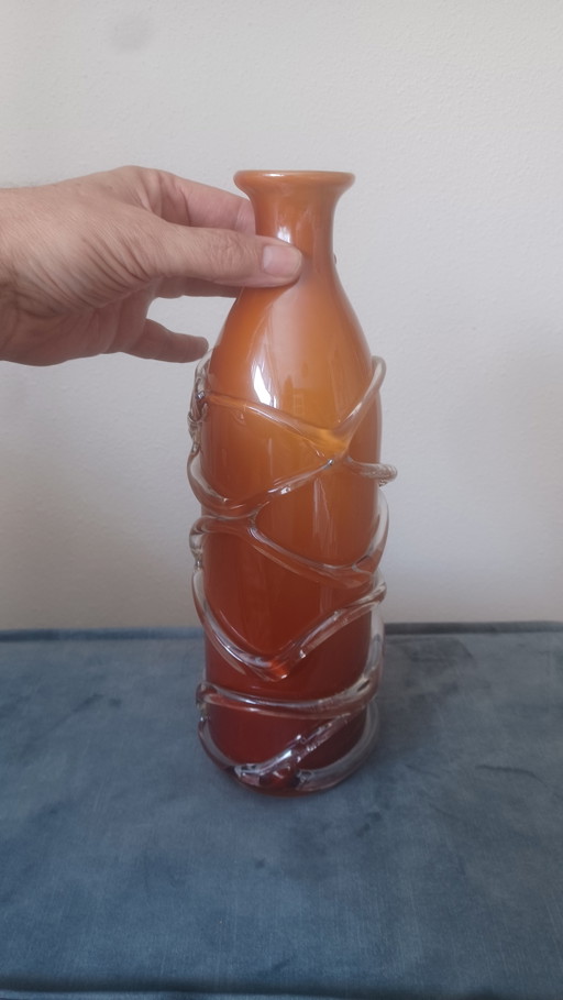 Large 80s Murano vase with serpentine glass threads