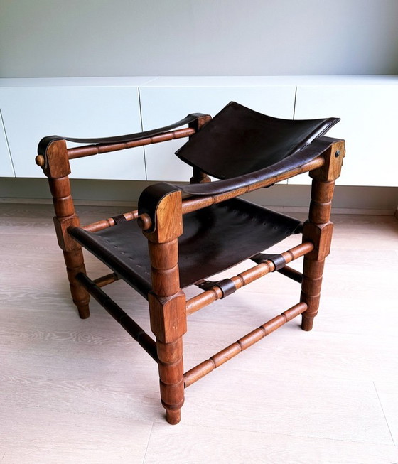 Set di 4 poltrone lounge vintage "Safari". Norik Voskanian. Tabriz. Iran. Legno. Pelle. Stile brutalista. (photo 7 of 10)