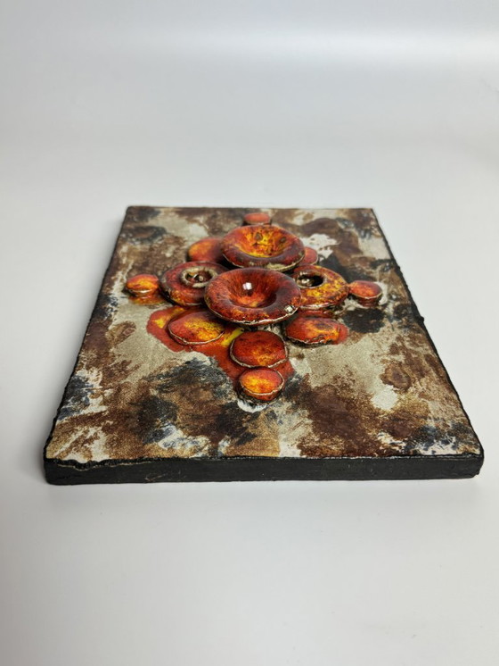 Image 1 of Mid-Century Design Ruscha Wall Tile Handpainted with High gloss orange tones combined with Matte Earth tones enamel. Germany,60s