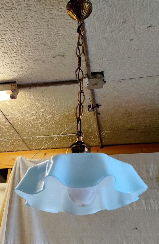 Vintage blue opaline and gilded brass Pendant lamp - mid-20th century, Glass (photo 8 of 8)