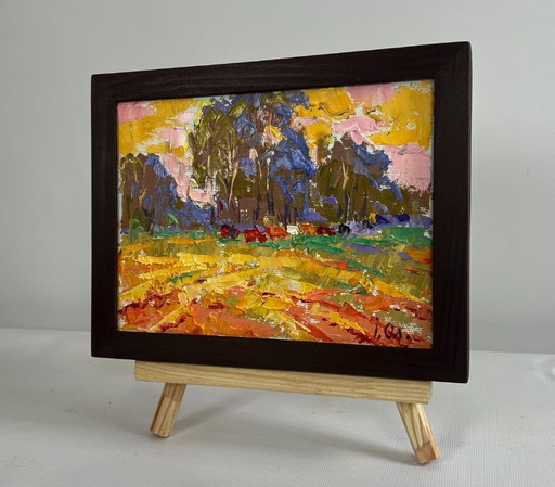 Original Oil Painting Evening Field Landscape Summer meadows and forest