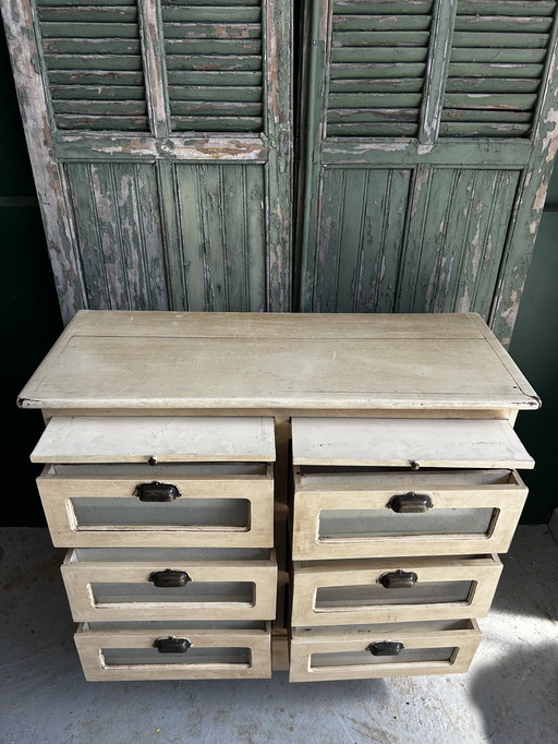 Antique grain cabinet - 6 glazed drawers