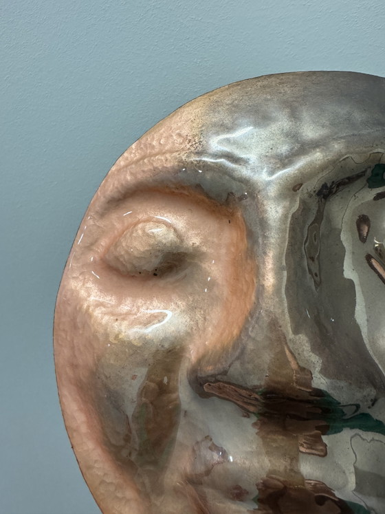 Image 1 of 1960s repoussé and enameled brass face sculpture