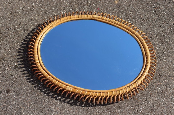 Ovale rotan spiegel, spiraalvormig frame, Franco Albini, Glas, Bruin, Vintage (foto 7 van 8)