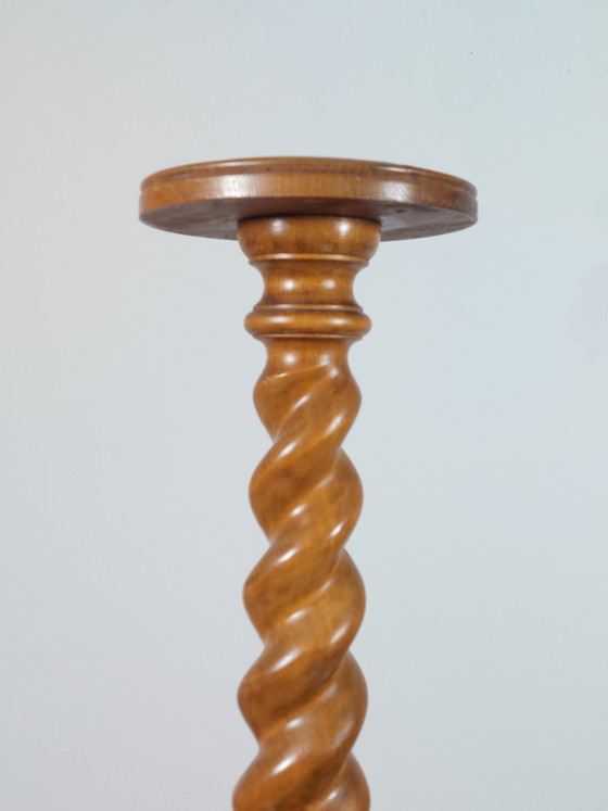 Image 1 of Colonne à fleurs vintage en bois tourné, support à fleurs, pilier