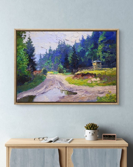Image 1 of Original Oil Painting Natural Summer Forest Mountains After the Rain