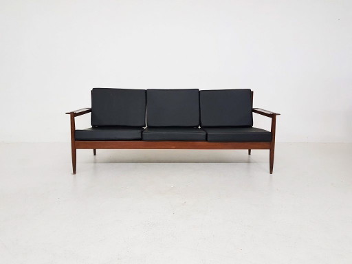 Sofa aus Palisanderholz mit schwarzem Vinylbezug