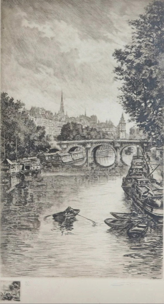 Originele ets van Aimé Edmond Dallemagne, getiteld Gezicht op de Seine – Litho's & Zeefdrukken, Paper (photo 2 of 10)