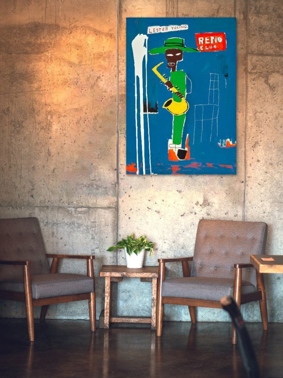 Image 1 of In de coulissen - Lester Young bij de club in Reno - Jean-Michel Basquiat 1986 - Poster 70 × 100 cm