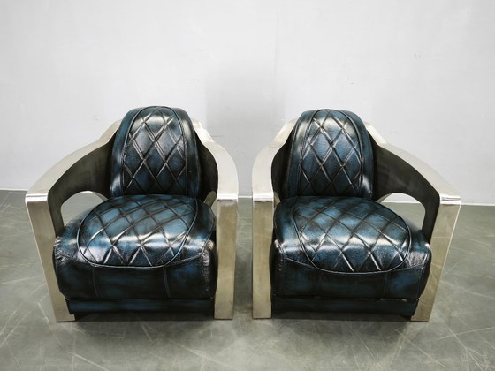 Pair of Timothy Oulton Aviator Leather and Steel Armchairs 1990s (photo 11 of 12)