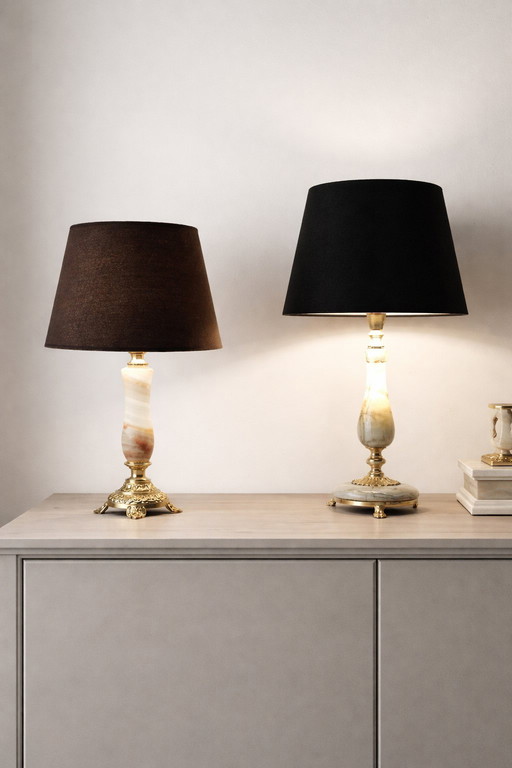 Set of 2 vintage neo-classical style bronze and onyx lamps, fully restored