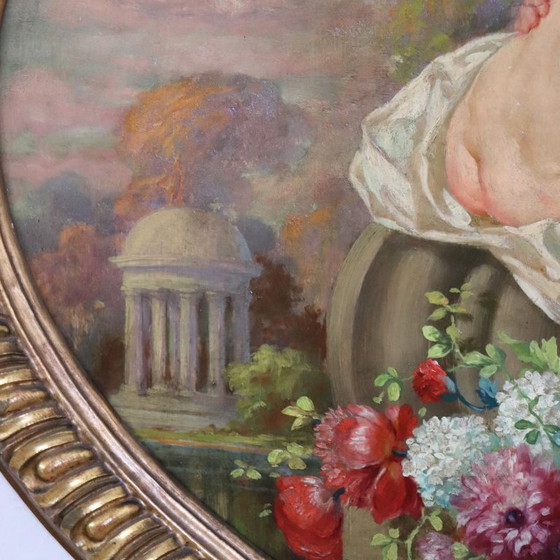 Cherubs With Flowers, Oil Painting On Board Signed, Italy Early 20th Century – Paintings & Drawings, Wood (photo 5 of 18)