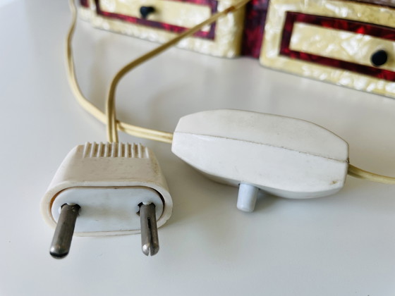 Image 1 of German Art Deco wood mother of pearl silver clock blue opaline glass lamp set with drawers, 1930s