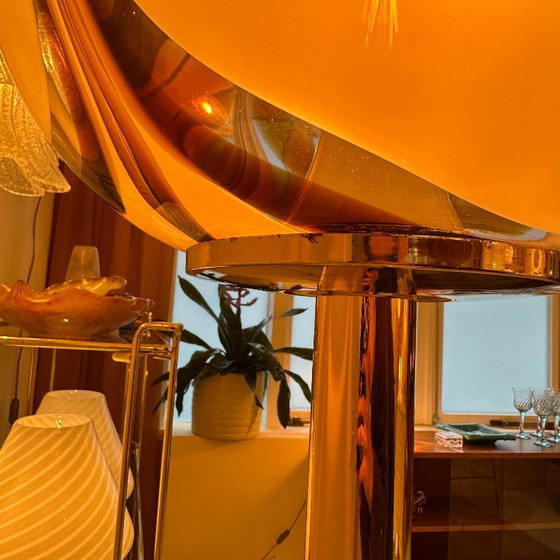 Image 1 of Italian Murano amber swirl glass globe floor lamp on brass base