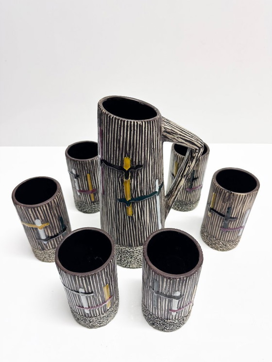 Handbeschilderde set met sinaasappelsap en water. Frankrijk, jaren 60. – Henri Cimal, Glazen & Karaffen (photo 7 of 15)