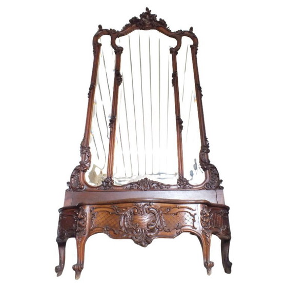 Image 1 of large Liberty Art Noveau wall beveled mirror with planter wood walnut years '900