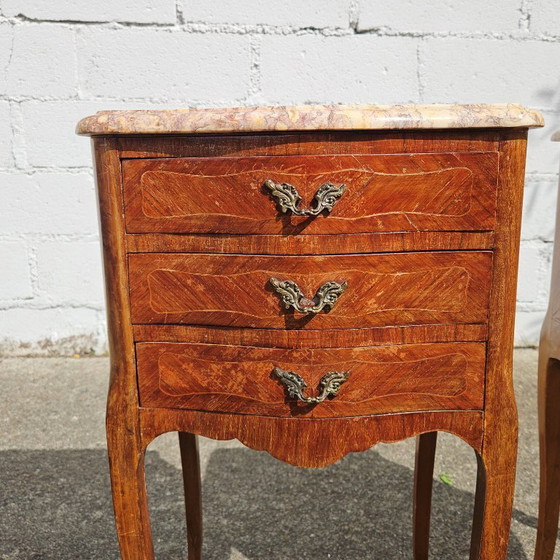 Image 1 of Chateau de Ligny - Pair of 2 French Vintage Marquetry Nightstands-Set of 2 Marble & Wood Bedside Tables-Style Louis XV - 50s