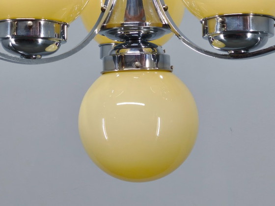 Image 1 of Art Deco Chrome and Opaline Glass Chandelier, Czechoslovakia