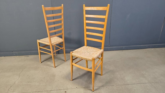Image 1 of Set of 6 Beech wood italian ladder back chairs, 1970s