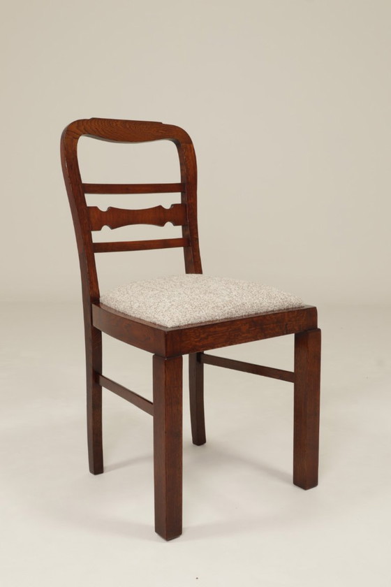 Image 1 of Art deco antieke eetkamerstoel eiken hout sneeuwvlokken stof 1950