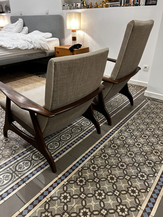 Image 1 of Set 2 vintage Deens design fauteuils uit de jaren ’60  Teakhout. Dames en herenmodel. Opnieuw gestoffeerd.