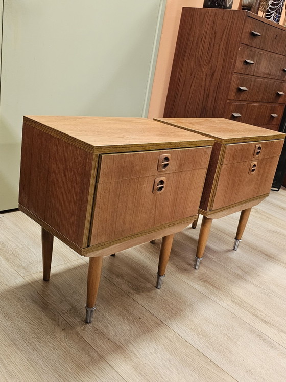 Set of 2 Teak Veneer Nightstands Nightstand Cabinet Drawer, Wood, Brown (photo 3 of 12)