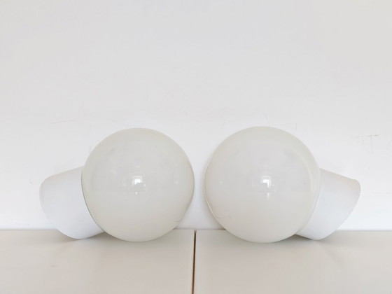 Image 1 of Vintage Wall Lamp / Set of 2 White Opal Globe Sconces/ Ceiling Light / Mid Century / Yugoslavia 1960's / Ceiling Light Cover